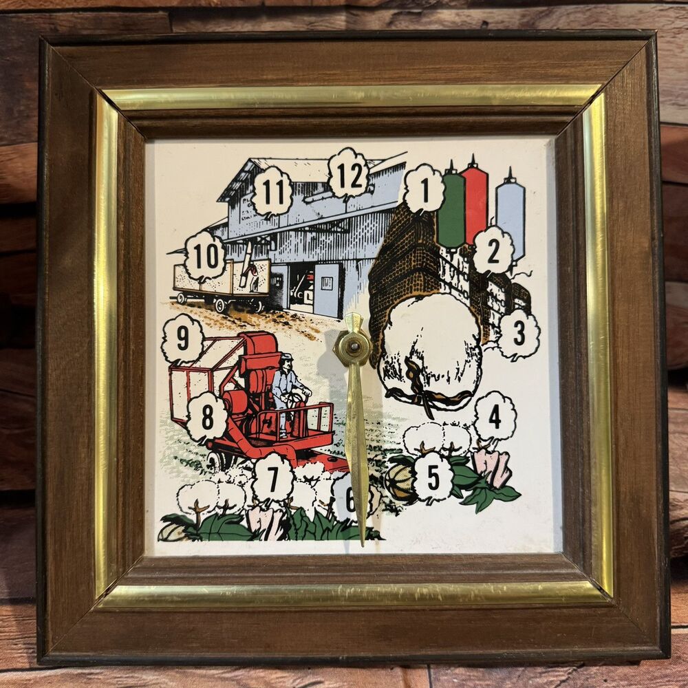 Vintage Cotton Harvest Wall Clock Farmhouse Decor Square Wood Framed Electric